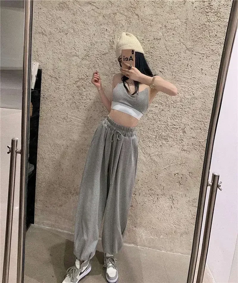 Sweatpants للنساء لربيع وصيف موضة كورية جديدة سراويل رياضية كبيرة الحجم بنطلون أسود للركض ملابس الشارع الشهير طقم مكون من قطعتين