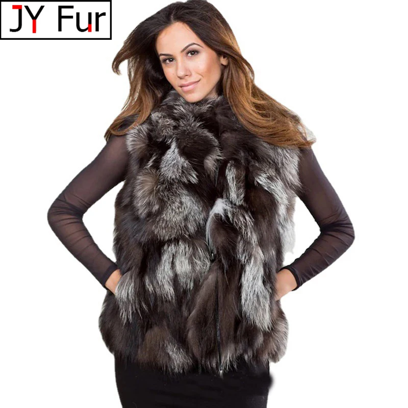 Luxury Women Real Silver Fox Fur Vest Lady Winter Warm Soft 100% Natural Silver Fox Fur Vest Fashion Genuine Fox Fur Vest Coats