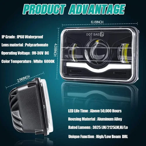 Imagen 2 del producto Faros LED de 12V, 24V, 4x6 pulgadas, luz de trabajo Led H4, luz cuadrada de repuesto para GMC Chevrolet, coche, Jeep, motocicleta, camión