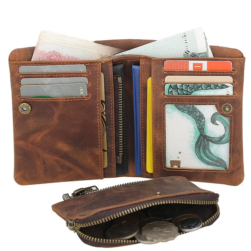 Retro Genuine Cowhide Leather Wallet for Men Large Capacity Multi-Card Slot Money Clip Detachable Coin Purse Leather Wallet