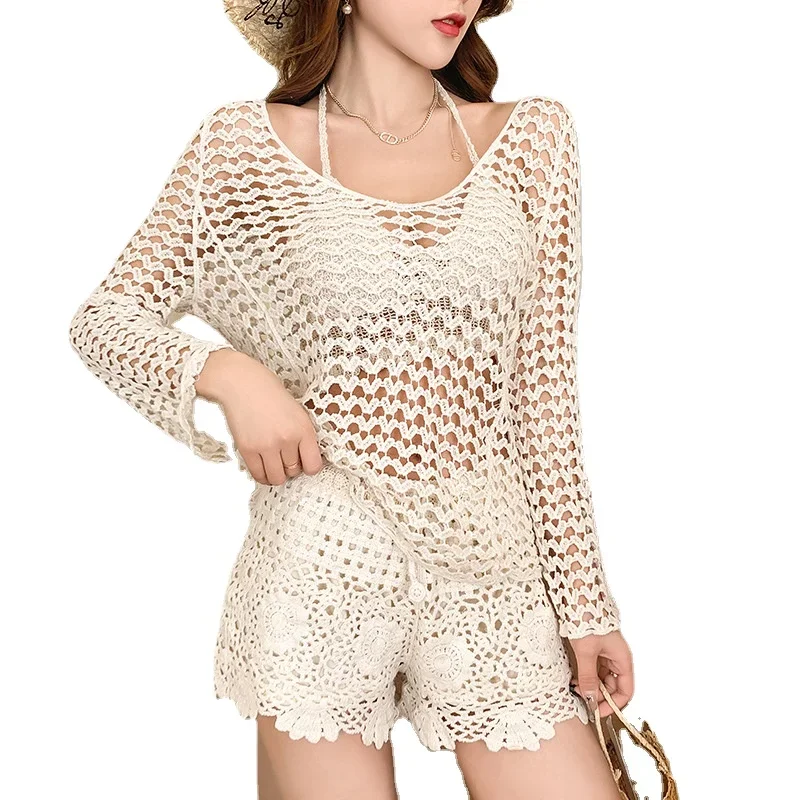 Summer Women Holiday Beach Sets Sexy Women Summer Hook Crochet Sets Lady Sexy Hollow Out Crochet 3pcs Sets