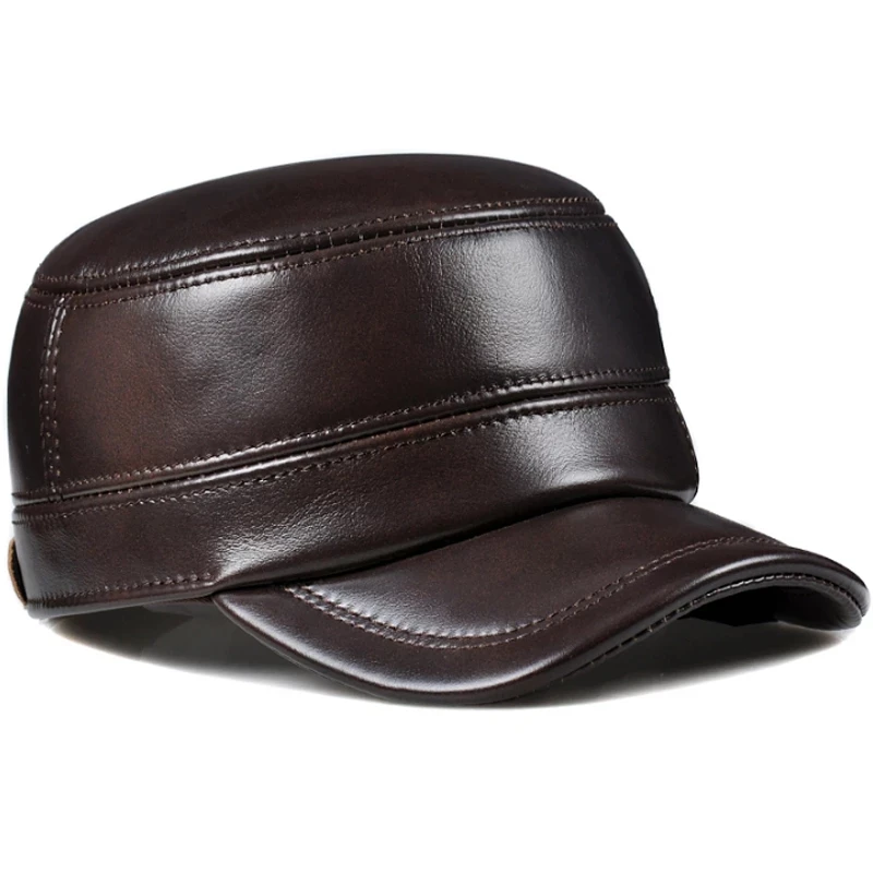 Men Accesorios Warm Hat Men\'s Genuine Leather Flat Caps Army Elegant Baseball Cap British Vintage Earflap Wine Red Gorra