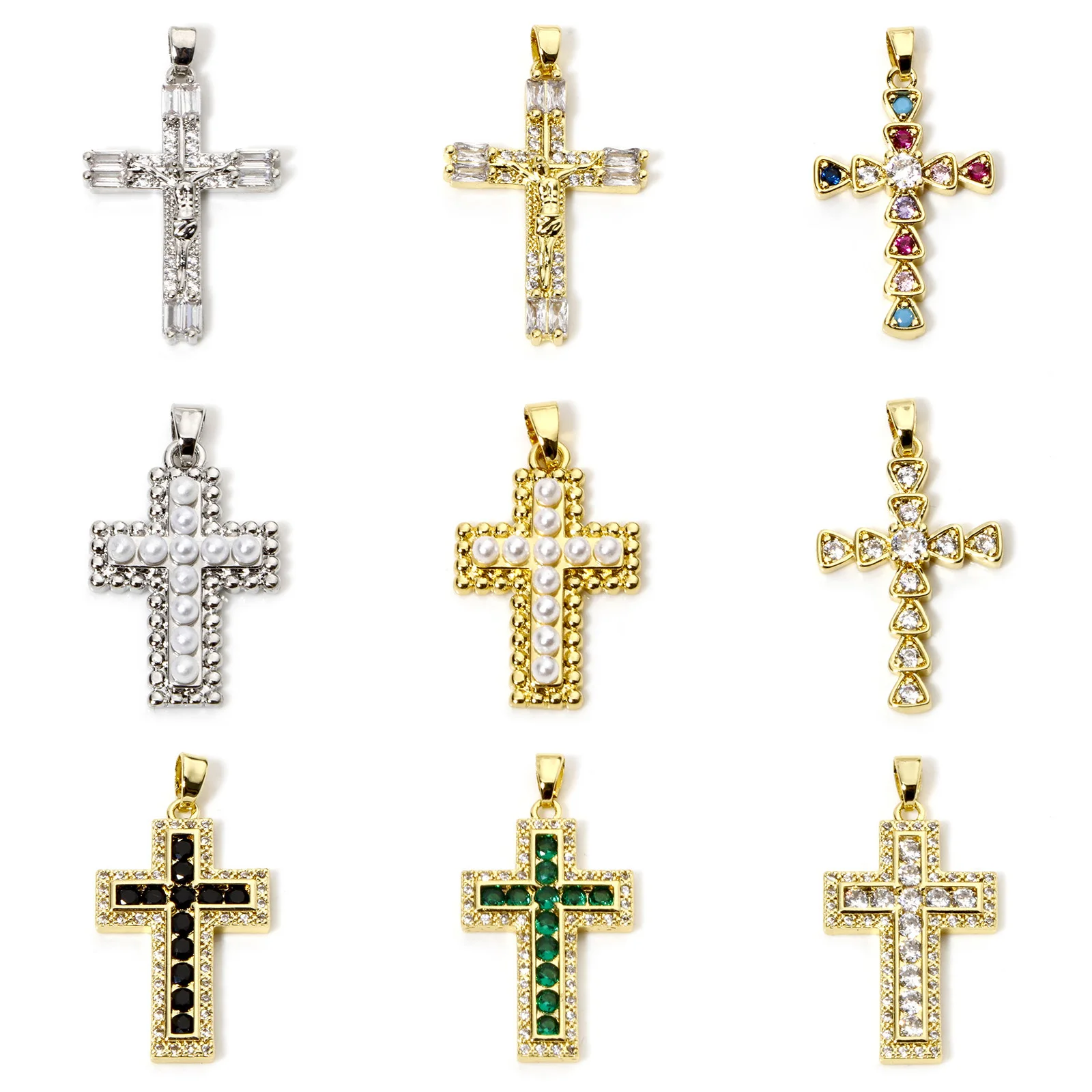 1pc Religious Brass Pendant Gold Color Cross Multicolor Micro Pave Charms DIY Necklace For Women Men Party Jewelry Findings