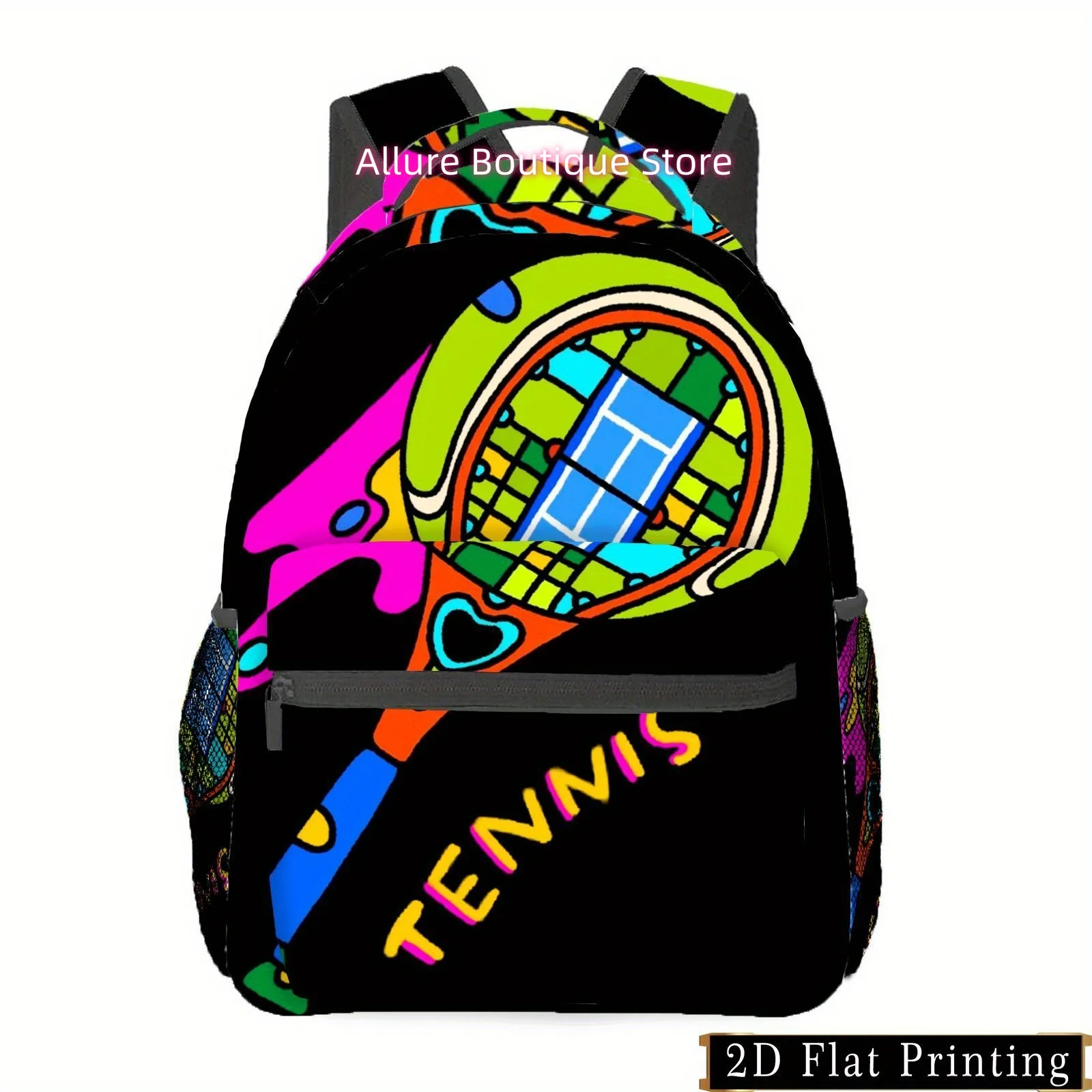 A Vibrant Colored Tennis Racket Print Backpack with a Zipper, Designed for Personal Laundry And Commuting. It Features a Multifu