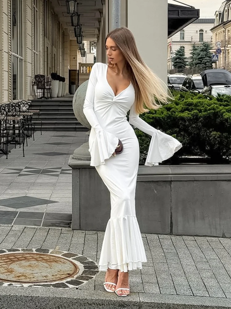 2025 New European Style Dress Pure Color V-Neck Flounce Flared Sleeve Dress Bodycon Mermaid Evening Dress French Inspired