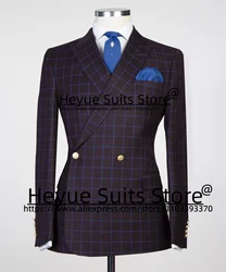 Traje de boda a cuadros para hombre, novio de esmoquin de doble botonadura, conjunto de 2 piezas, Blazer de negocios, color morado oscuro