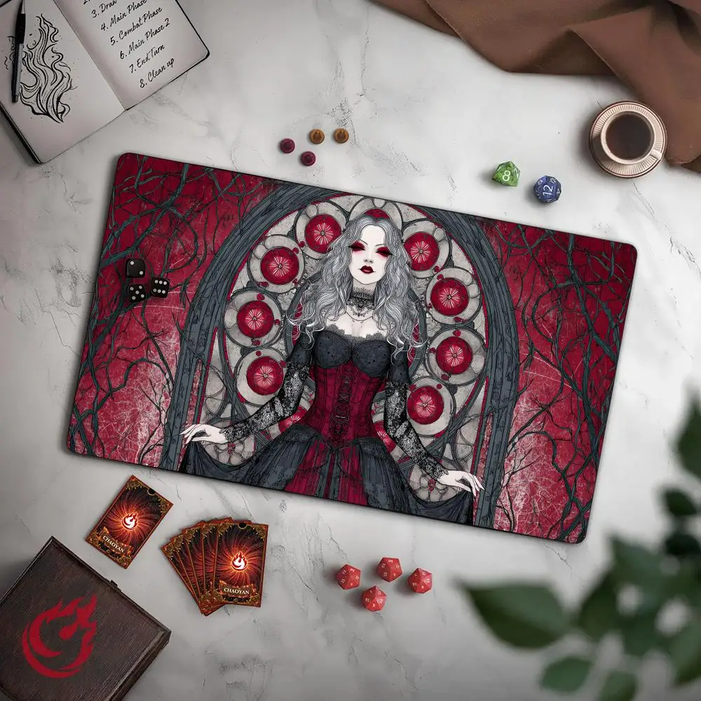 Gothic Female Vampire TCG Playmat Magic Card Mat with Stitched Edge Non-Slip Durable Tabletop Playmat Board Game Mat for TCG