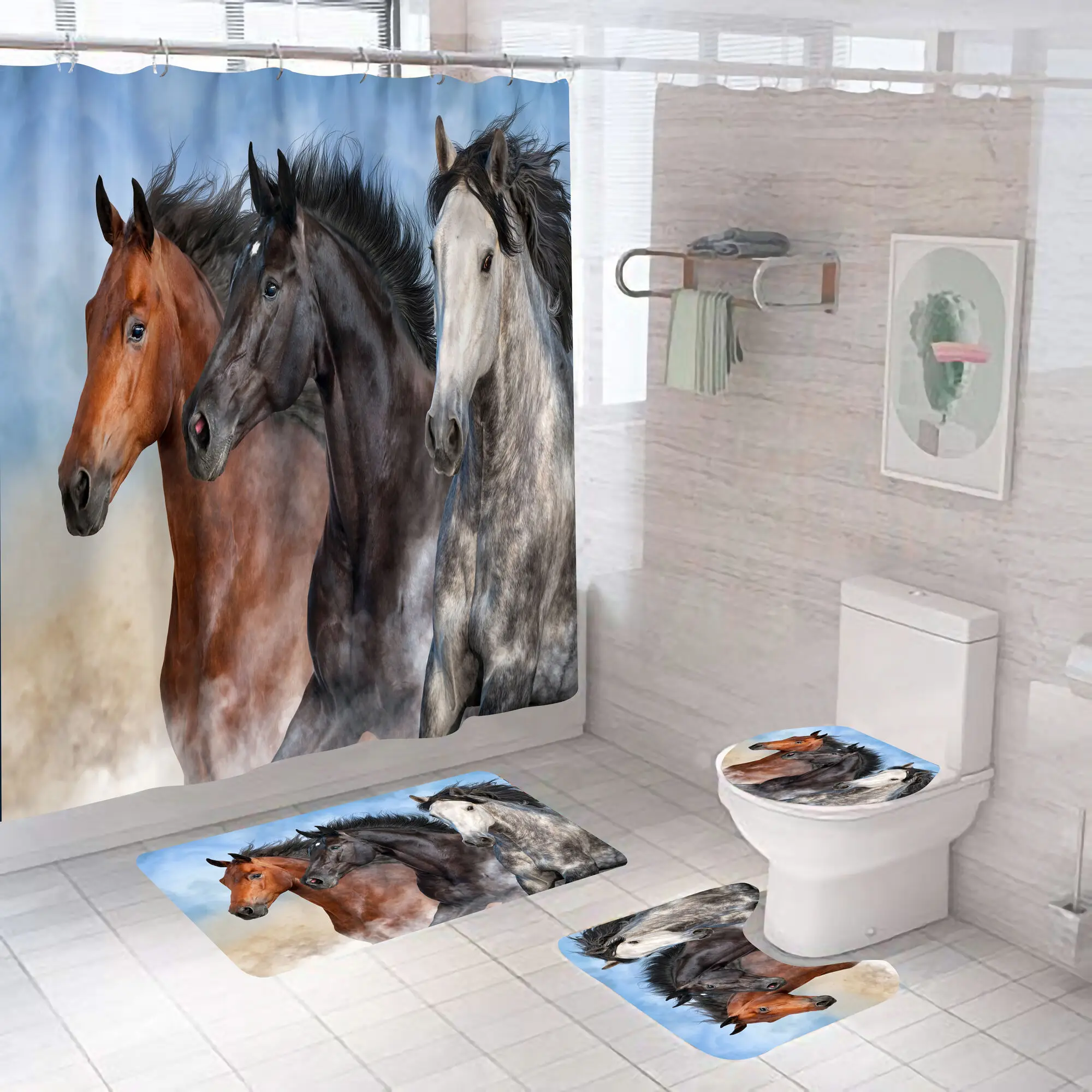 Horse Running Shower Curtains Bathroom Decor Aniaml Printed Waterproof Polyester Fabric Home Bath Bathtub Curtain Set With Hooks