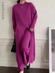 LANMREM 2 Pieces Knitted Sets Women Round Neck Long Sleeves Split Long Pullover With Wide Leg Trousers Autumn Winter 2DB1487