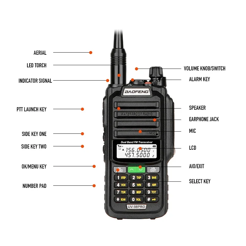 Baofeng UV-98 PRO IP68 Wodoodporne Walkie Talkie Dwuzakresowe radia FM Wysoka moc Długi czas czuwania Daleki zasięg Dwukierunkowe radio 2022 Nowość