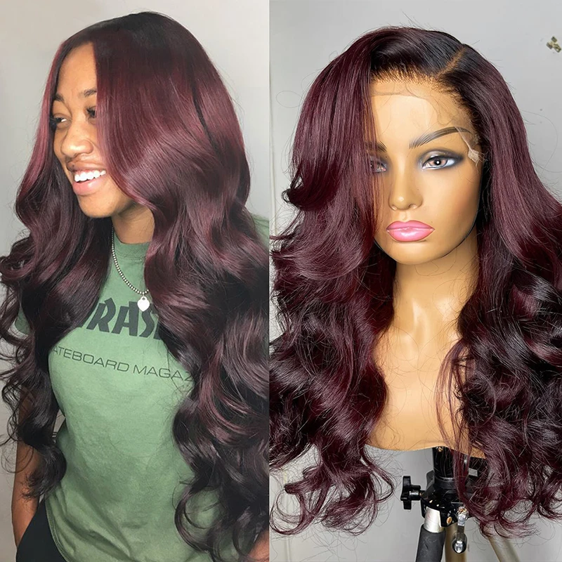 1B 99J/Burgundy Lace Front Wig Human Hair HD Lace Frontal Body Wave Lace Front Wig Pre Plucked Red Colored Ombre Human Hair Wigs