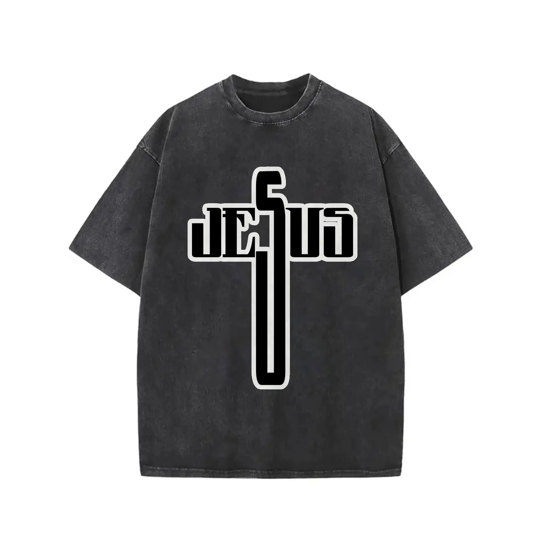 

Christian Cross T-shirt, "JESUS" Graphic Tee, Oversized Vintage Washed Faith Apparel, Men Women Religious Streetwear