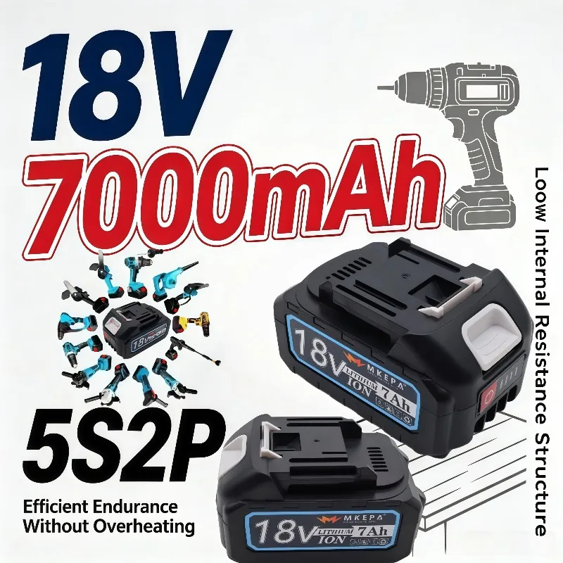 18V 7000mAh High‑Performance Compatible Battery, 5S2P Cell Setup, Low Internal Resistance, Efficient Runtime & Cool Operation