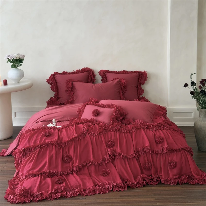 Romantic Lace Ruffles Flowers Princess Wedding Bedding Set 1000TC Egyptian Cotton Duvet Cover Flat/Fitted Sheet Pillowcases 4Pcs