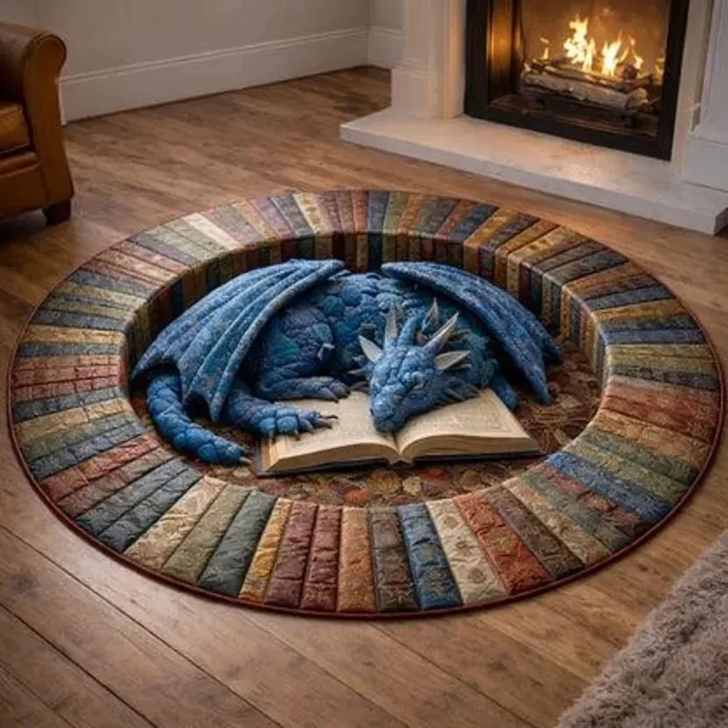 VIKAMA Medieval Fantasy Dragon Round Rug, Magic Sleeping Dragon With Book Pattern Non Skid Area Carpet for Home Sofa Chair Decor