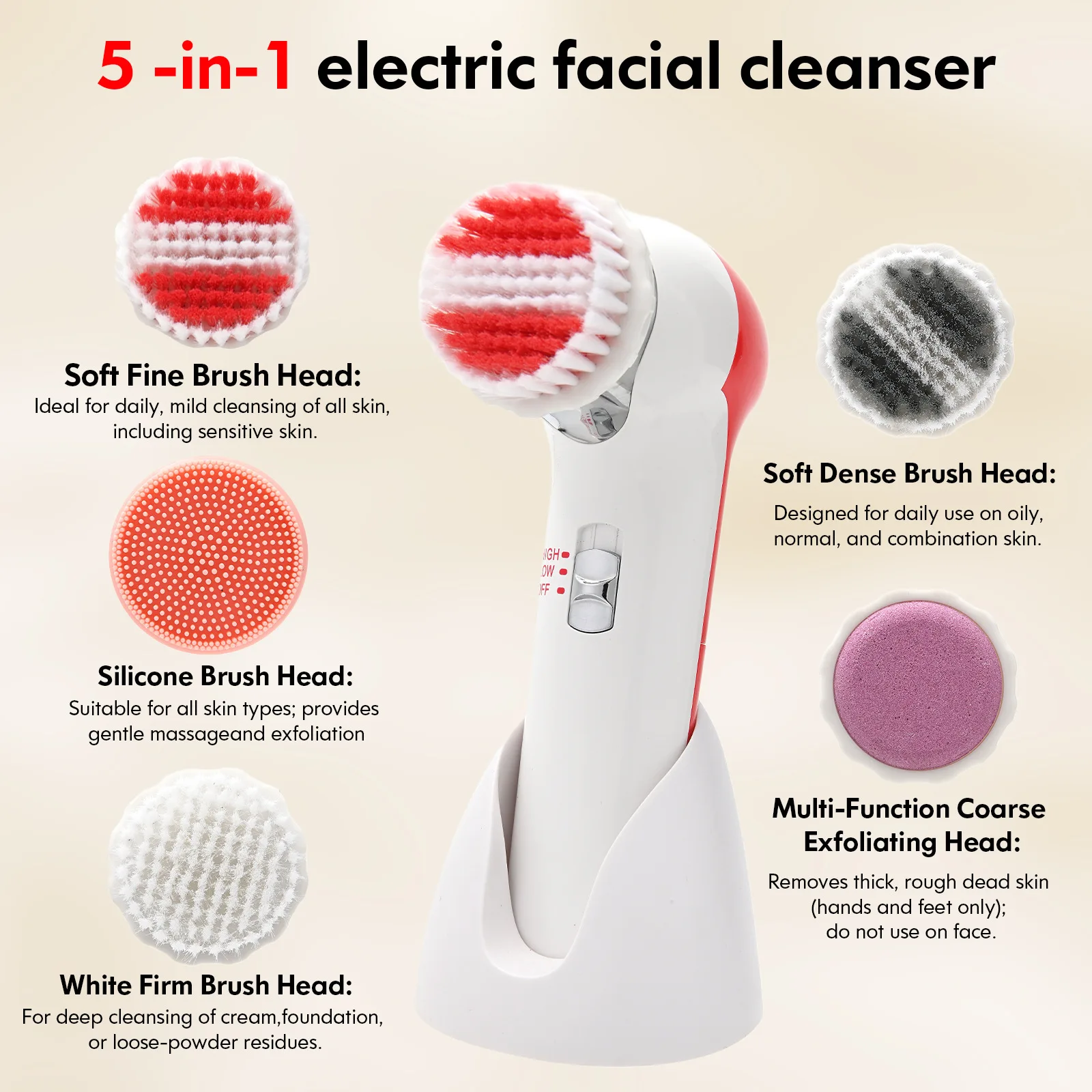 Escova de Limpeza Facial 5 em 1, Esfoliador Elétrico, Limpador Profundo para o Rosto, Máquina de Lavagem, Ferramentas de Cuidado da Pele para Spa