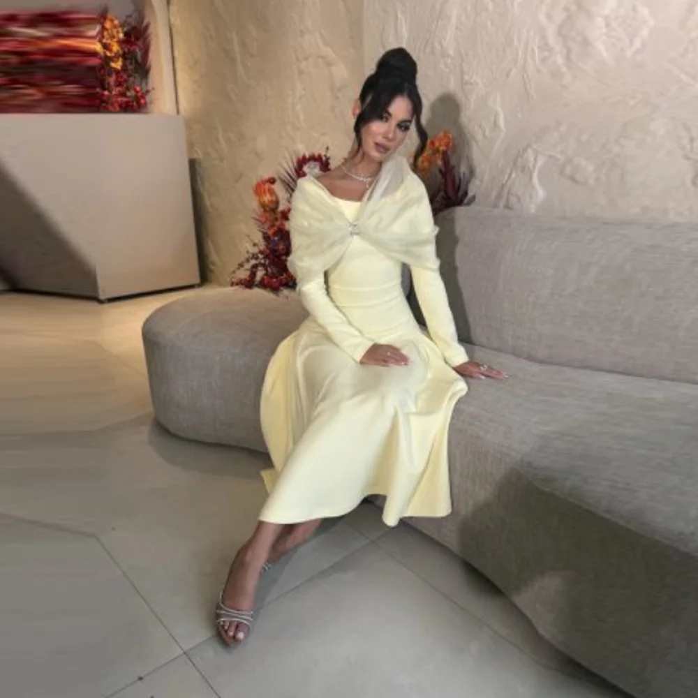 

Customized A-Line Prom Dresses Tea-Length Scoop-Neck Full Sleeve Evening Gown Simple Fashion Sequined Draped Casual Party Gown