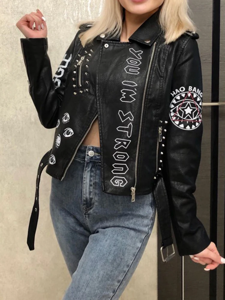 Ailegogo Streetwear donna Slim Fit stampa Graffit giacca corta in pelle Pu Fuax Moto Biker cintura con cerniera femminile cappotto Chic Outwear