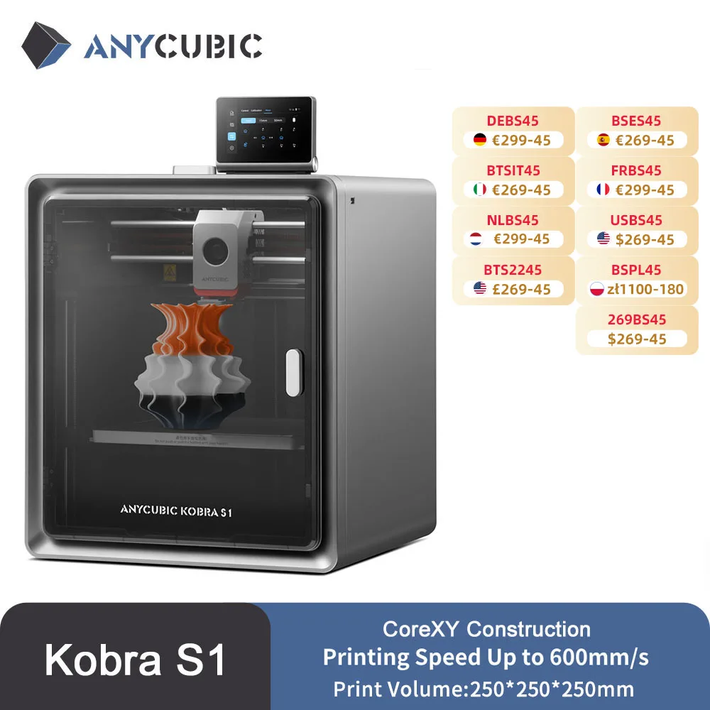 Anycubic Kobra S1 AE Versione Stampante 3D Core XY Struttura stabile Velocità massima 600 mm/s Stampante 3D ultra silenziosa ad alta precisione