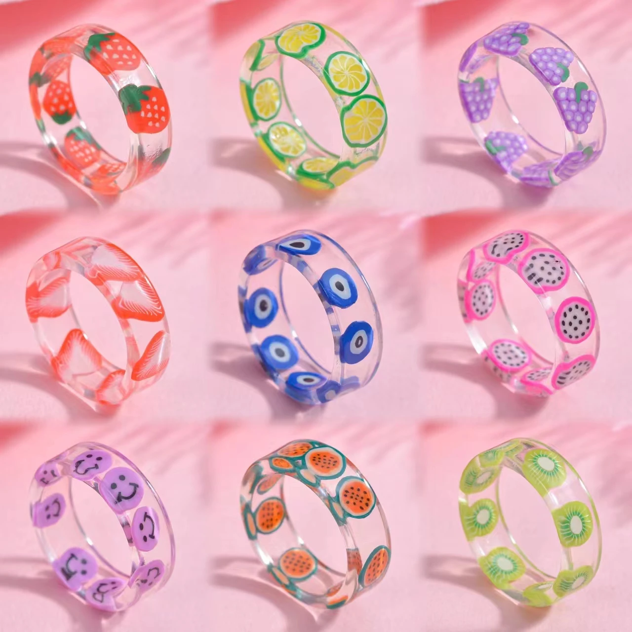 MeMolissa Transparent Colorful Fashion Resin Fruit Ring Set Sweet Temperament Acrylic Rings for Women Party Jewelry Friends Gift
