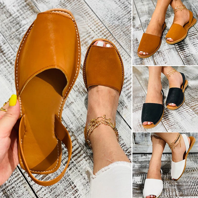 

Faux Leather Peep-toe Sandals For Women Fish Mouth PU Shoes Summer Beach Flat Heel Shoes 2023 New Ladies Flats Slippers