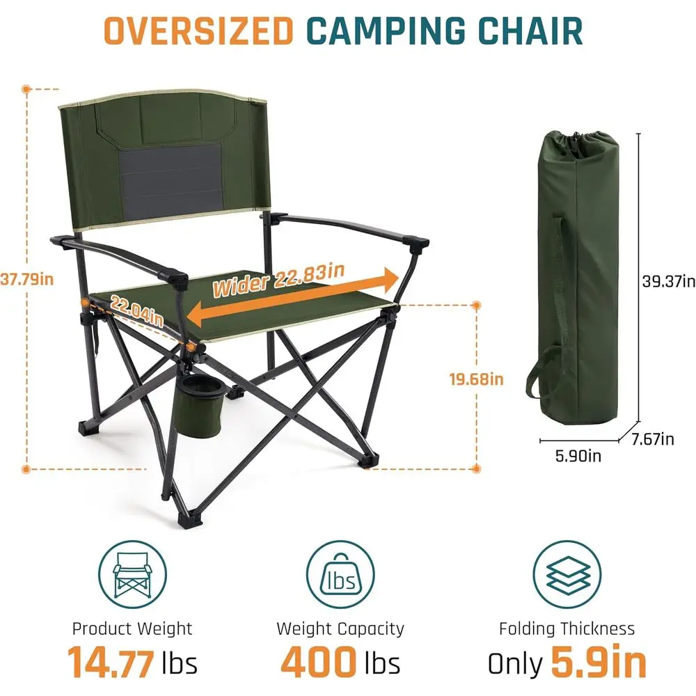 2 Pack Oversized Camping Chairs for Adults Heavy Duty 400 LBS, Folding Camp Chair with Hard Metal Armrests & Swivel Cup Holder,
