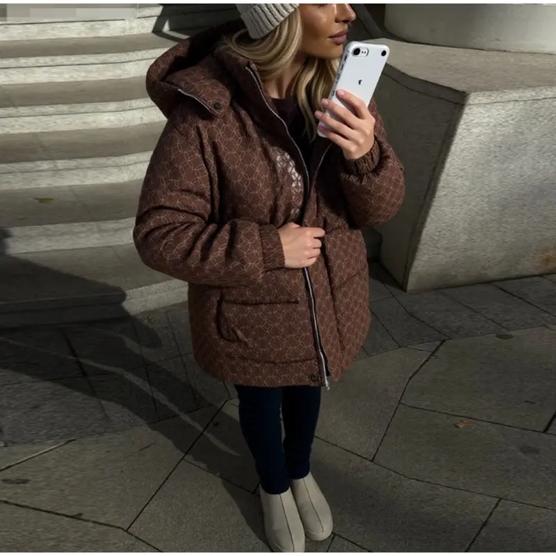 Upgraded Thickened Allover Printed Mid Length Padded Coat Stand Collar Drawstring Waist Windproof 2026 Winter Women Outer Jacket