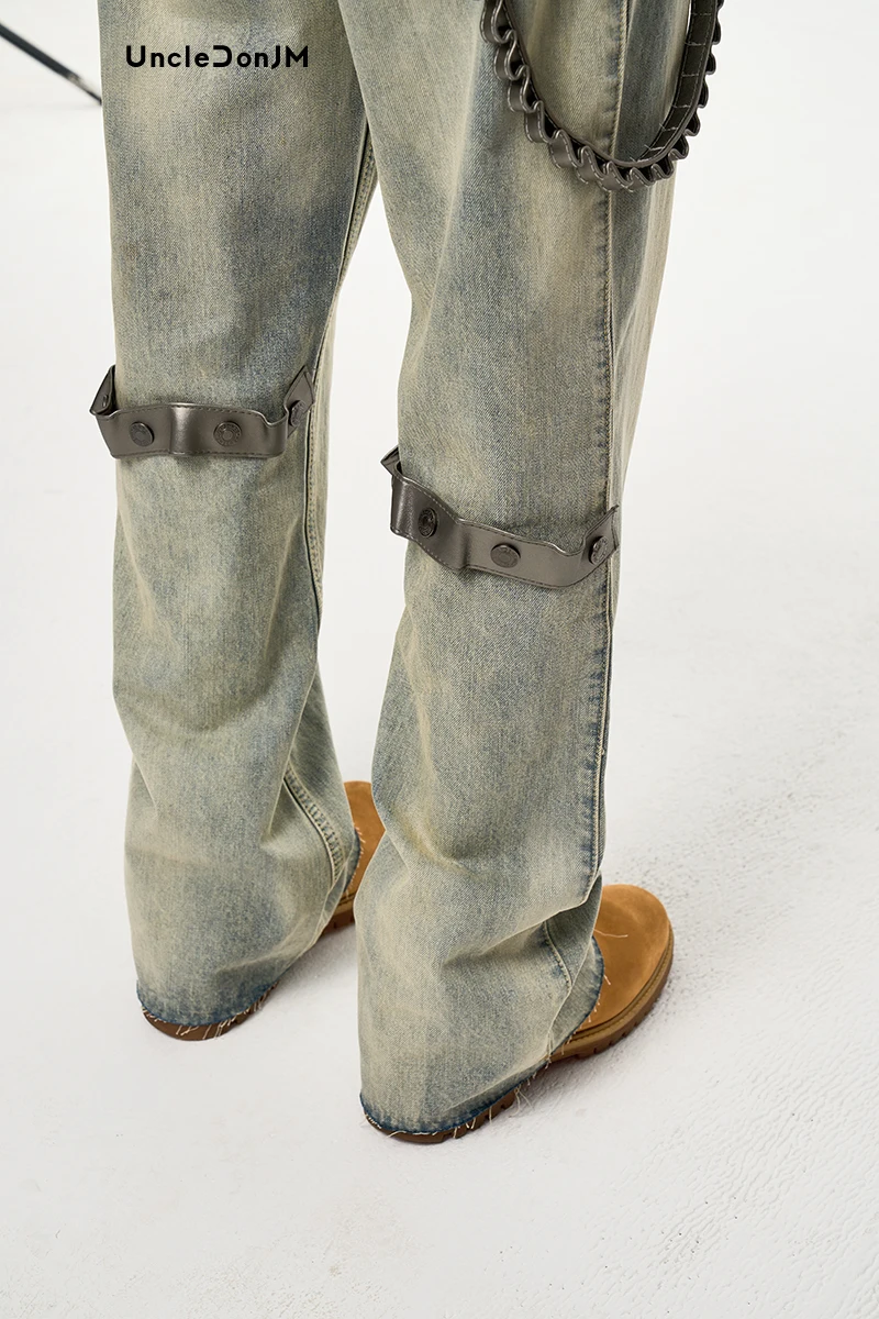 Removable Leather Chain Strap Yellow Washed Old Casual Burr Trouser Chain Jeans Y2k Men’s Jeans