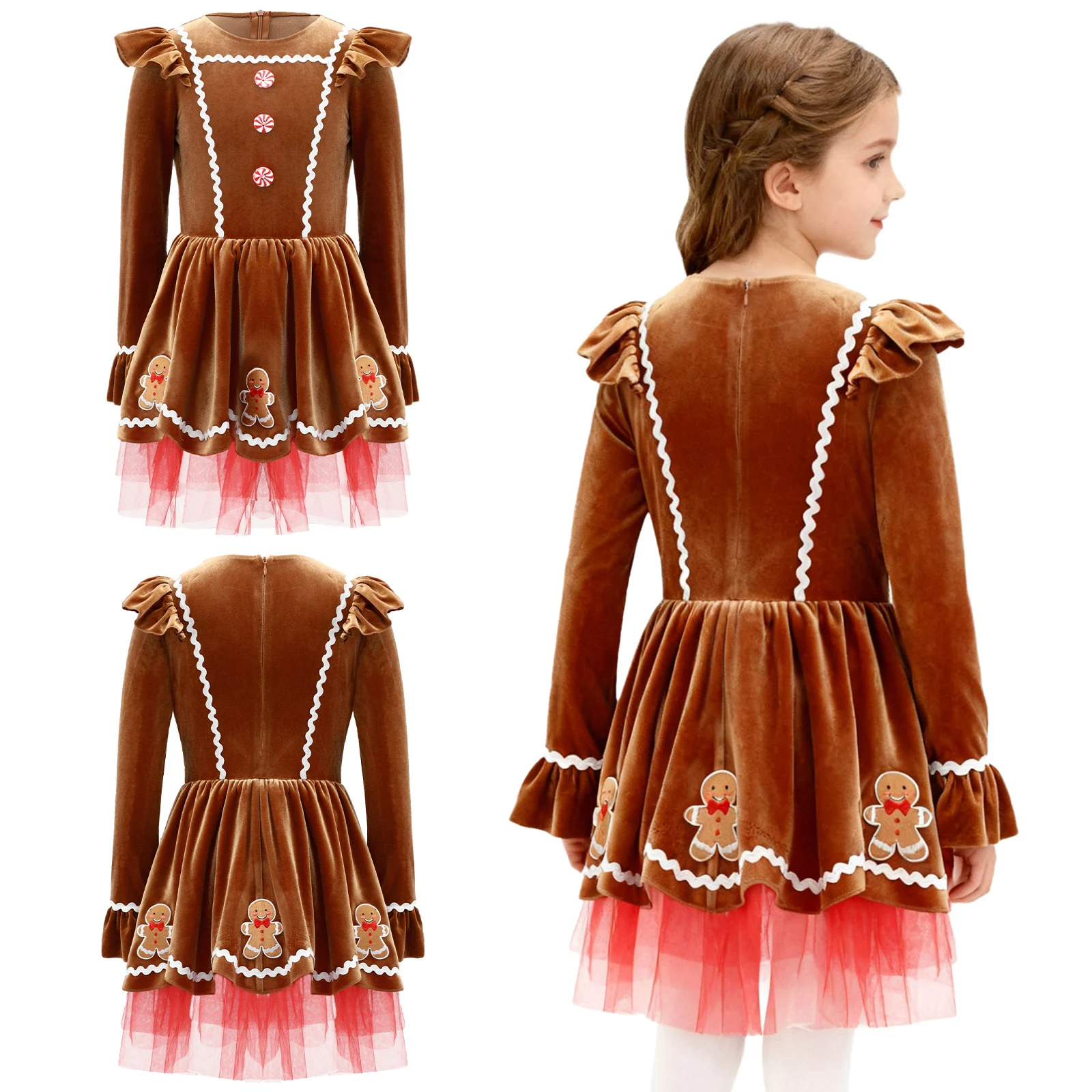 Kids Girls Christmas Gingerbread Man Cosplay Costume Long Sleeve Wave Braided Mesh Tutu Leotard Dress for Xmas Carnival Party