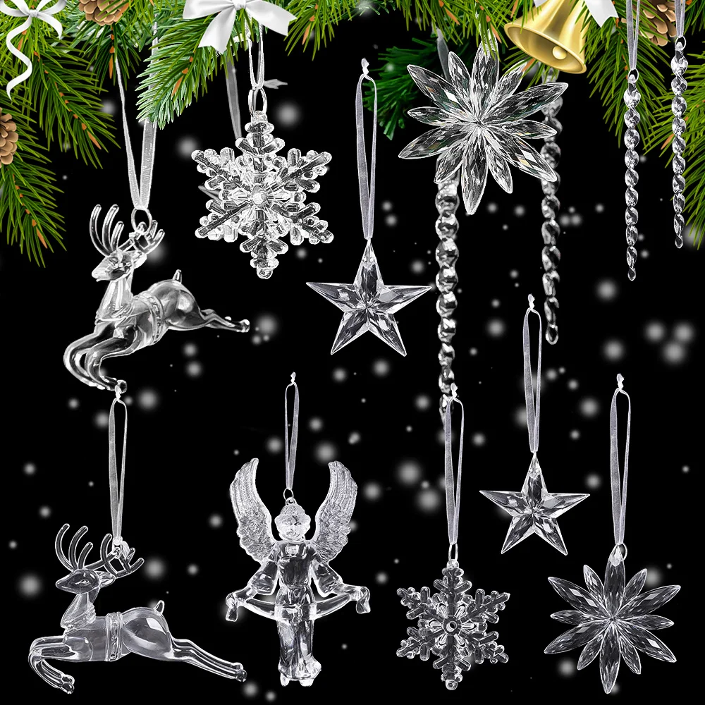 Christmas Clear Acrylic Ornaments Icicles Snowflake Xmas Tree Decorations Winter Wonderland Party Stars Elk Angels Crystal Decor