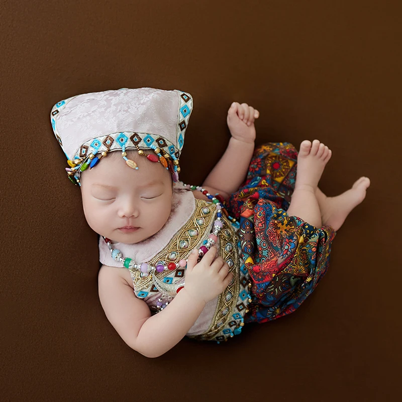 Newborn Photography Clothes Ethnic Style Outfit Fringe Hat Dress For Baby Girl Feature Necklace Photo Props Studio Accessories