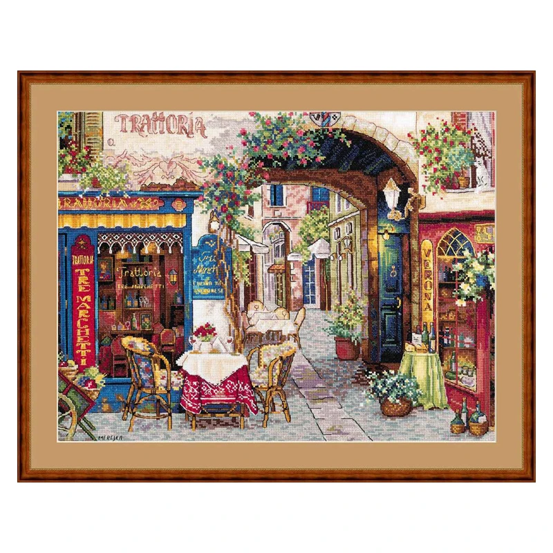 Counted Cross Stitch Kit Cafe In Verona Garden Restaurant Shop Afternoon Tea Flowers Merejka K-161 Home Decoration