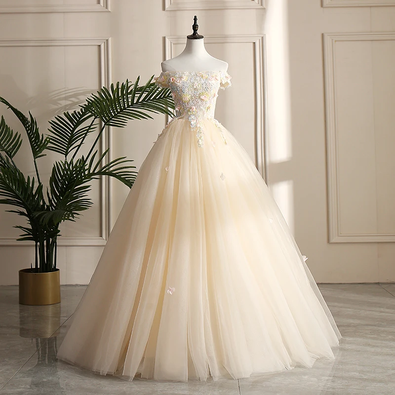 

ANGELSBRIDEP NEW Quinceanera Dresses 3D Appliqued Flowers Tulle Boat Neck Debutante Vestidos Vestidos De 15 Anos Real Photos