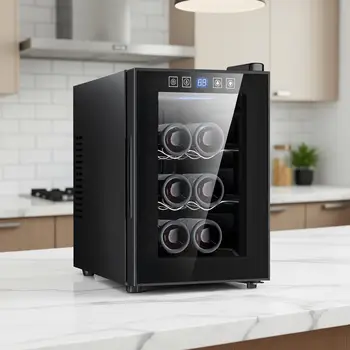 6 Bottle Thermoelectric Wine Cooler Refrigerator - Stainless Steel & Tempered Glass for Red Wine, Champagne - Ideal for Home, Ki