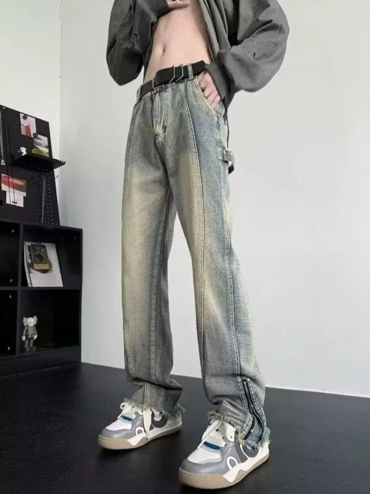 الأمريكية الرجعية الطين عمال الجينز الرجال الصيف تصميم حساسة صغيرة فيبي شارع العليا العصرية فضفاض طماق أنبوب مستقيم