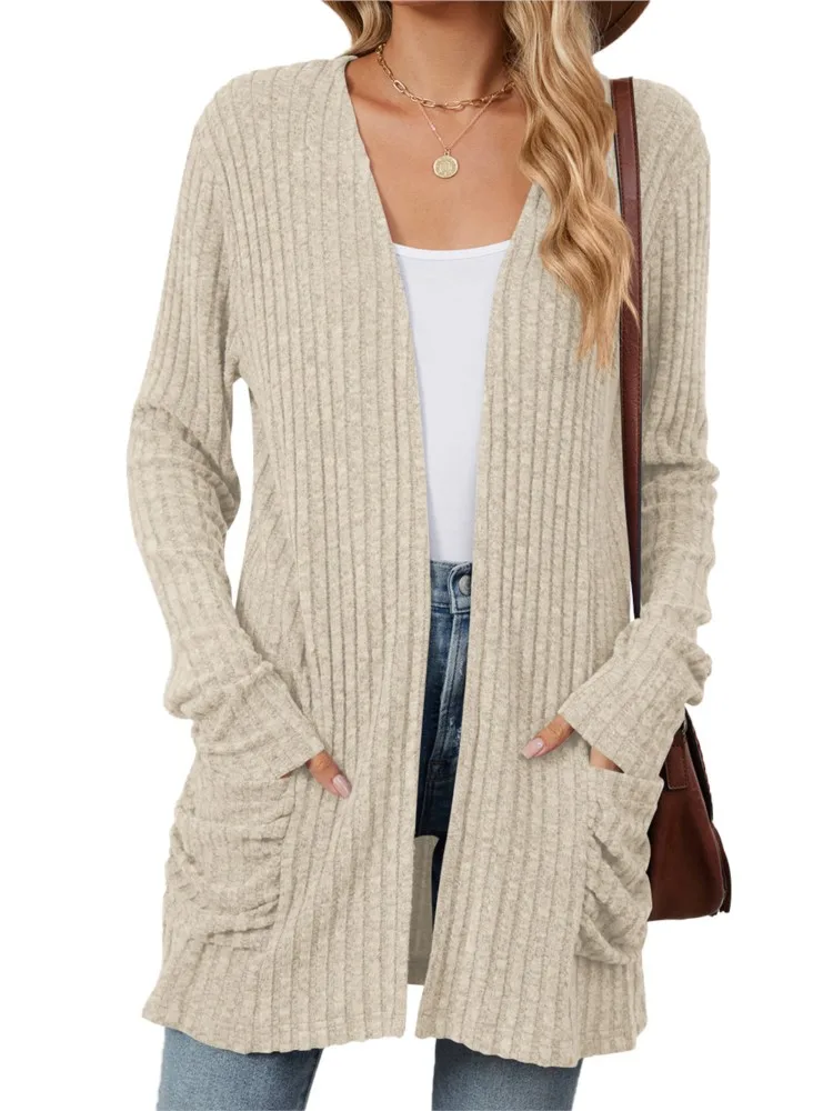 2024 Autumn Winter Women\'s New Solid Color Pocket Long Sleeve Bottom Collarless Cardigan Casual Loose Knitted Shirt In Stock