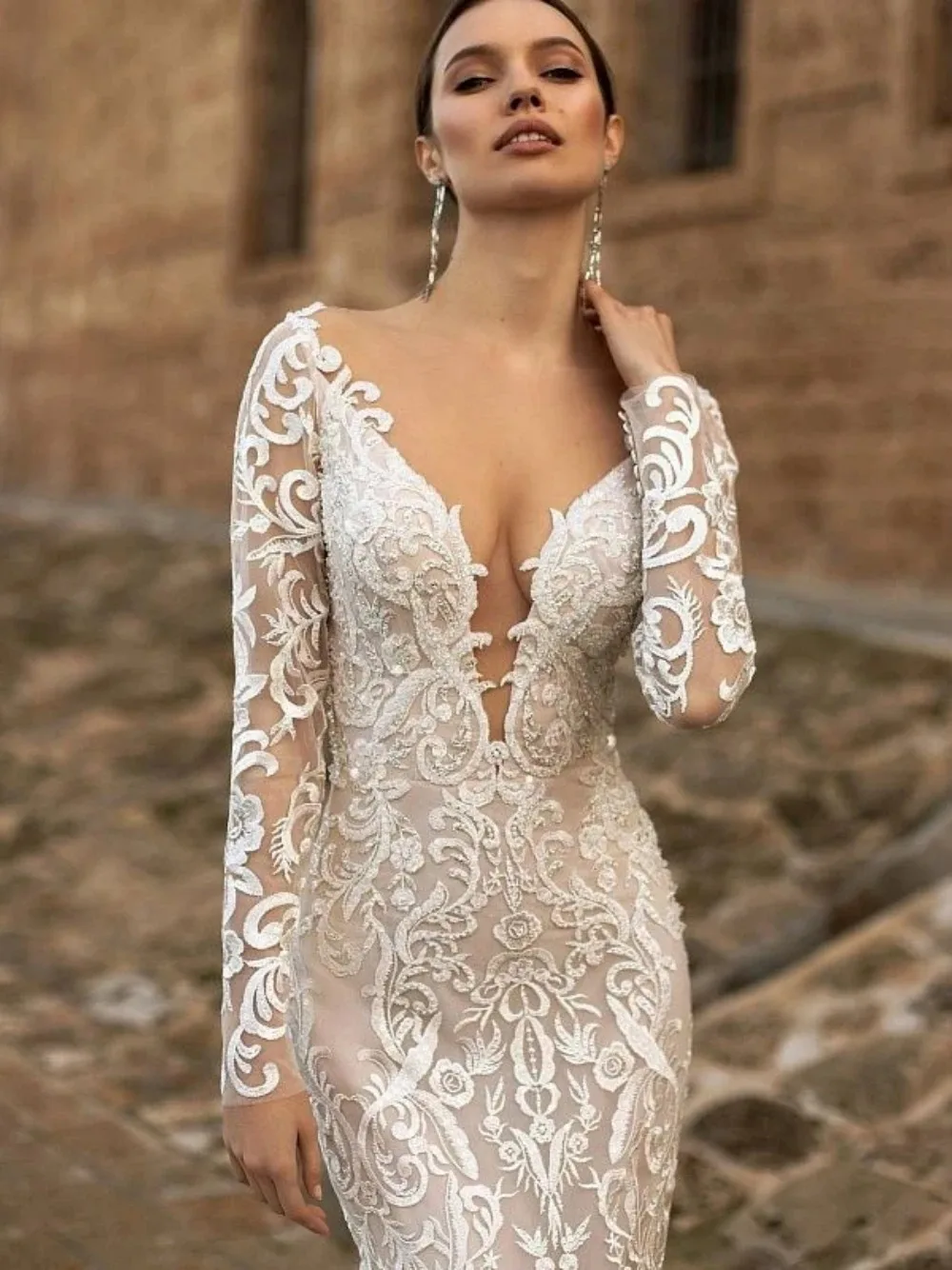 Boho Sheer O-neck Mermaid Wedding Dress Long Sleeves Appliques Lace Open Back Beach Bridal Gown Vestidos De Novia