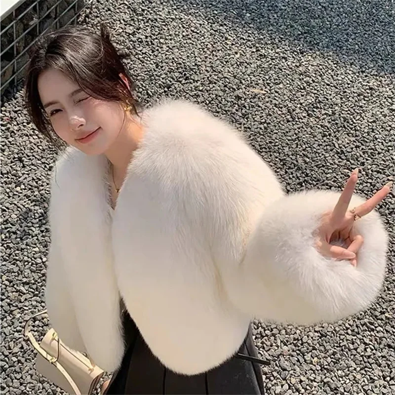 

2025 Fashion Black Pink Fur Coat Women's Short Fox Fur Jacket Korean V-neck Streetwear Lady Outerwear Autumn Winter Loose Tops