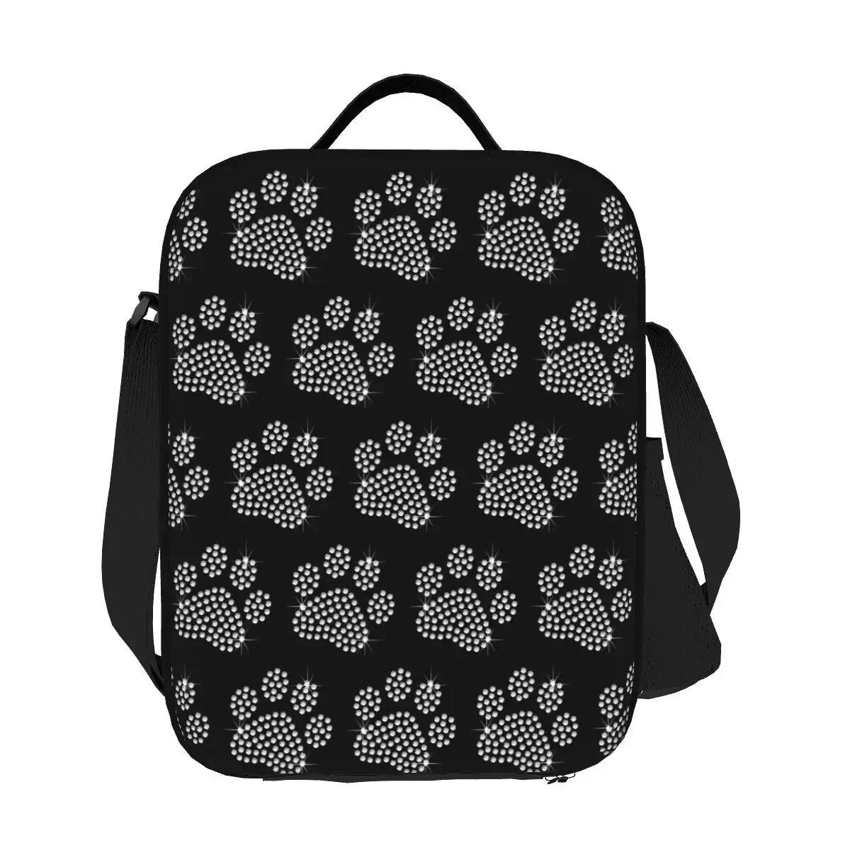 Custom Sparkle Rhinestone Dog Paw Thermal Insulated Lunch Bag Women Portable Lunch Tote for School Office Outdoor Bento Food Box