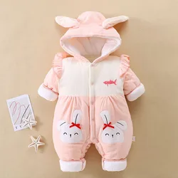 Baby Crawling Clothes Cute Cartoon Hooded Warm Long Sleeve Jumpsuit, Boys And Girls Button Down Fall/Winter Onesie Romper