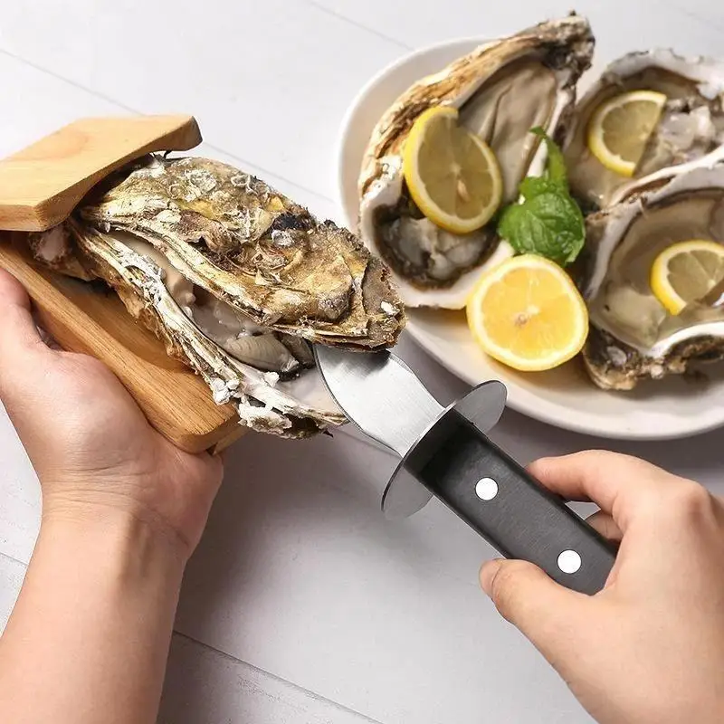 Stainless Steel Oyster Shucking Knife Non Slip Handle Wooden Holding Base For Home Kitchen Seafood Cooking Restaurant Use