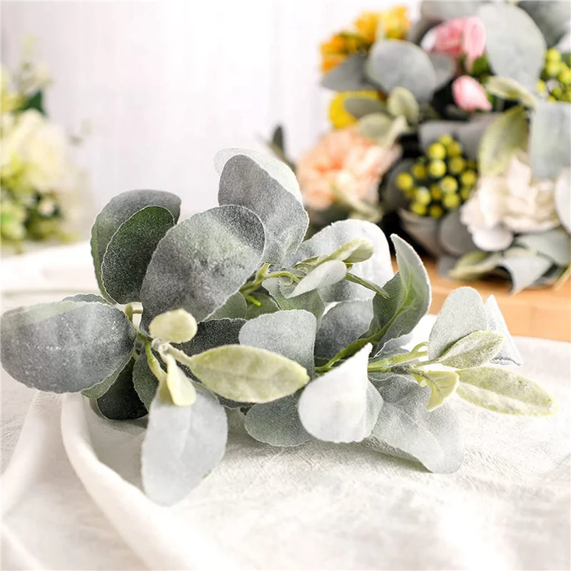 ABAH-45 Pcs Artificial Flocked Lambs Ear Greenery Stem Faux Lamb's Ear Branches Picks Rustic Wedding Centerpiece