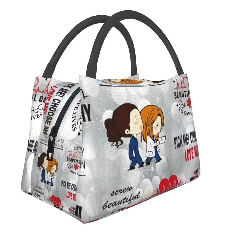 Grey's Anatomy Thermal Insulated Lunch Bag Women Cartoon Tv Movie Portable Lunch Tote for Outdoor Picnic Storage Meal Food Box