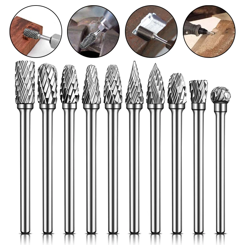 

10pcs 3mm Shank Double Groove Rotary File Grinding Head Tungsten Carbide Burr Milling Cutter Drill Bit Set Metalworking Tool