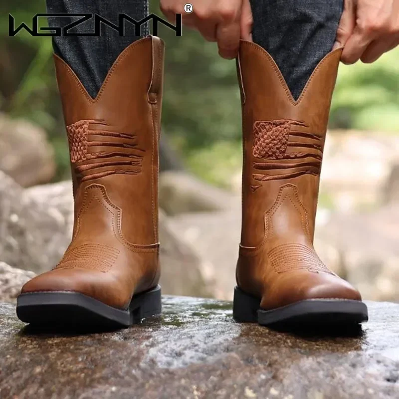 Luxury Brown Embroidered Cowboy Boots Faux Leather Shoes Retro Men America Ethnic Motorcycle Boot Plus 48 Botines Zapatos Hombre