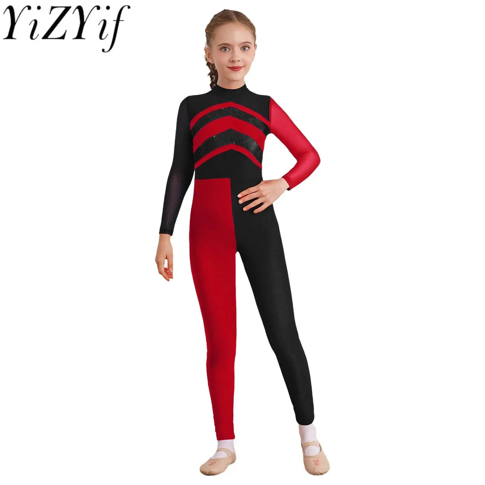 

Kids Girls Lyrical Figure Skating Gymnastics Dance Performance Costume Shiny Sequins Sheer Mesh Slim Fit Ballet Dance Bodysuits