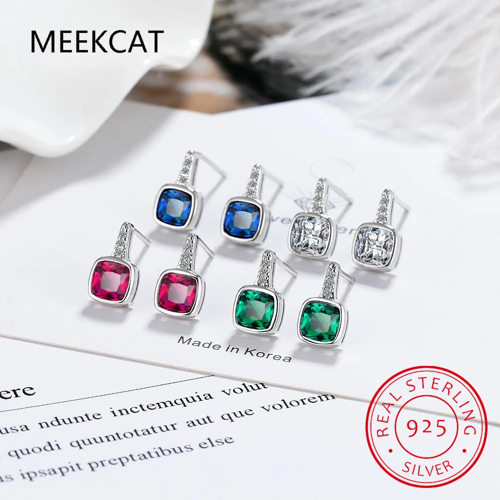 Square Princess Cut Blue Sapphire Garnet Green Emerald 925 Sterling Silver Stud Earring for Women Colorful Gemstone Jewelry