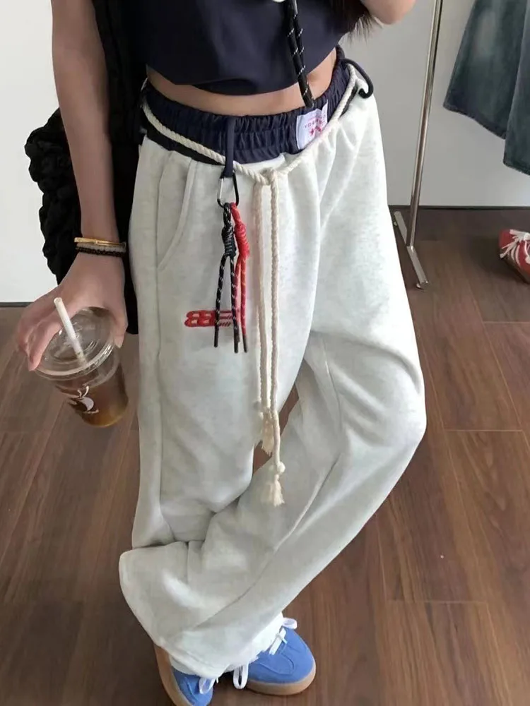 Women\'s Oversized Hip Hop Sweatpants Korean Casual Baggy High Waist with Belt Wide Leg Trousers Harajuku Streetwear Jogger Pants