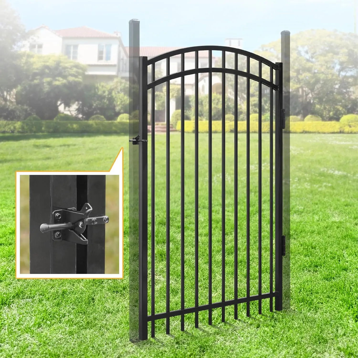 #Heavy Duty Arched Decorative Fence Gate, 6FT Height x 4FT Width Outdoor Fence Gate, Outdoor Anti-Rust Metal Steel, Customized