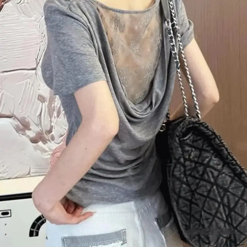 2026 Summer New Spicy Girl Back Hollow Lace Splicing Design T-Shirt Fashion Versatile Slim Fit Short Sleeved Tops Women Clothing